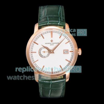 Swiss Copy New Vacheron Constantin Traditionnelle White Face Green Leather Strap Watch 